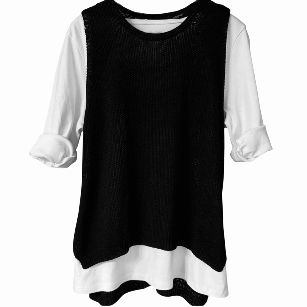 Autograph Black Open Knit Sleeveless Tunic Vest High Low Hem Oversized UK 14